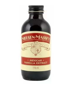 Fles natuurlijke vanille extract uit Mexico van Nielsen-Massey, 118 ml, op een witte achtergrond.