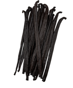 Vanilla tahitensis vanillestokjes per stuk, donkere peulen op witte achtergrond.