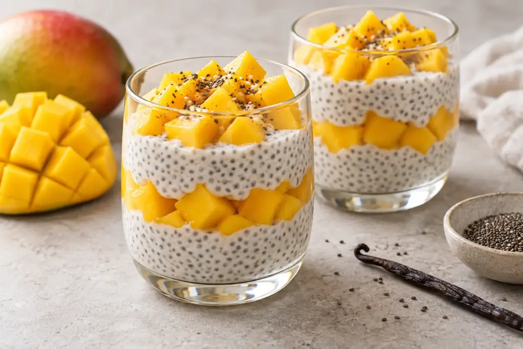 Vanille-chia pudding met verse mango in glazen