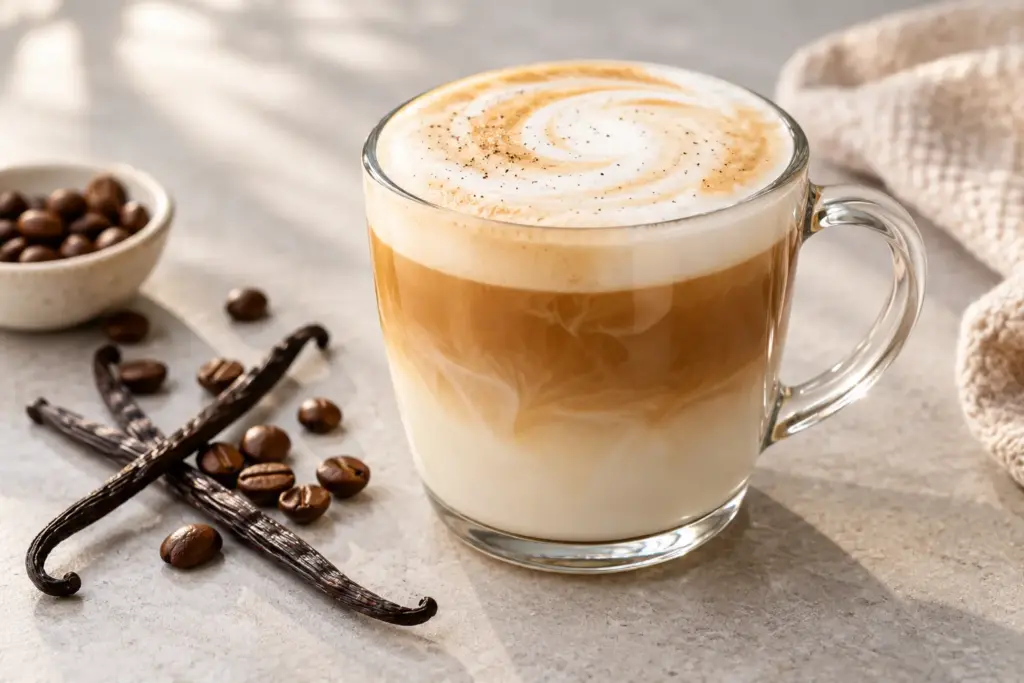 Warme vanille latte met melkschuim en vanillestokje