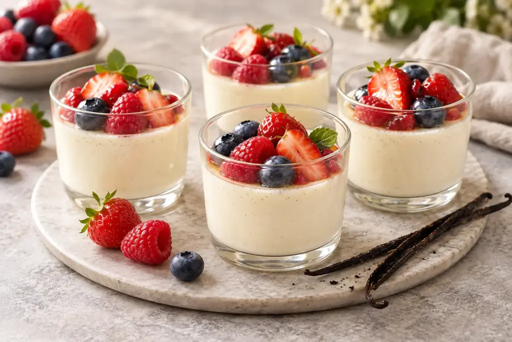 Romige vanille panna cotta met vers rood fruit