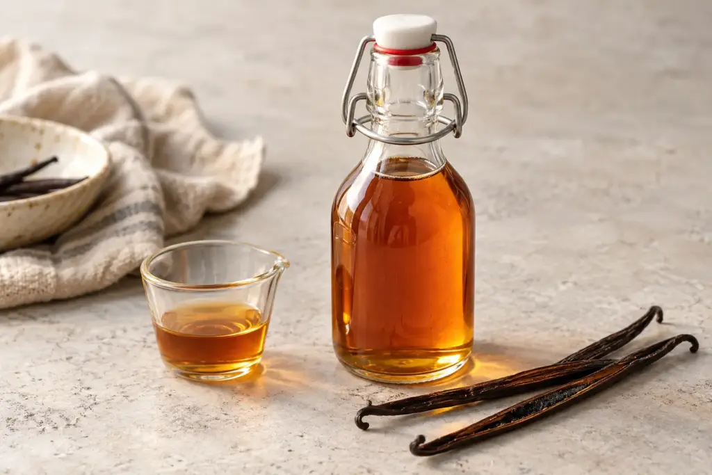 Zelfgemaakte vanillesiroop in glazen fles met vanillestokjes