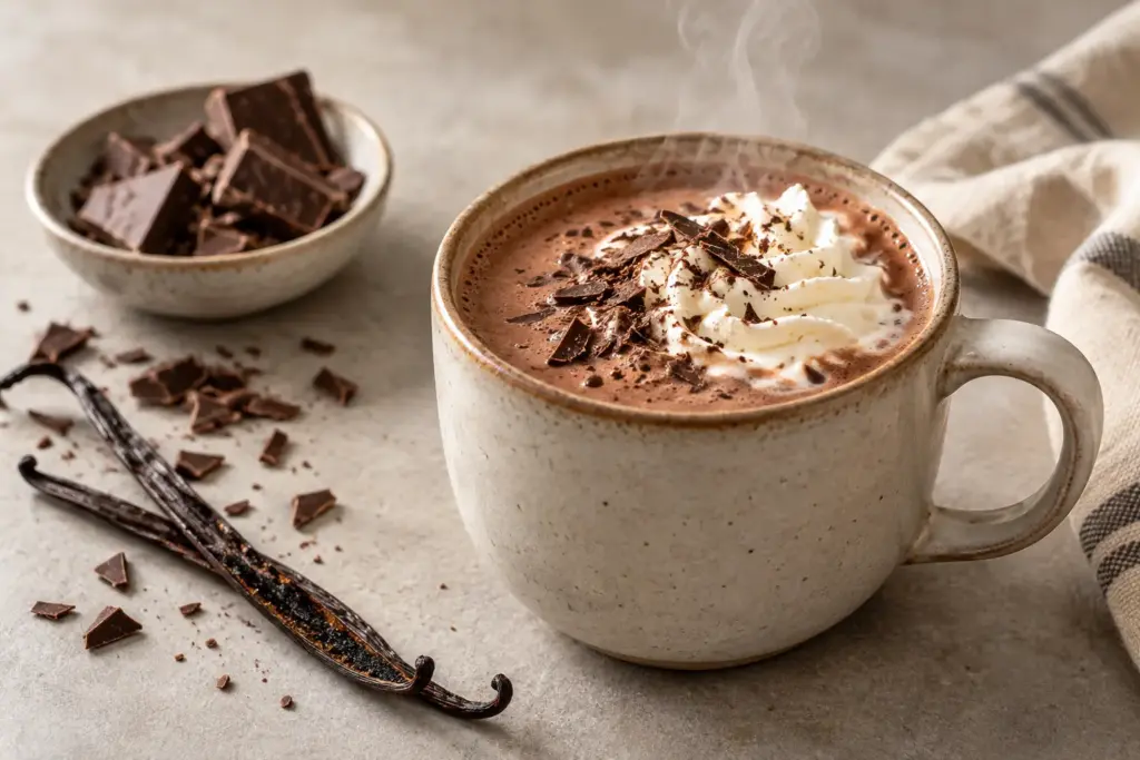 Warme chocolademelk met slagroom en echte vanille