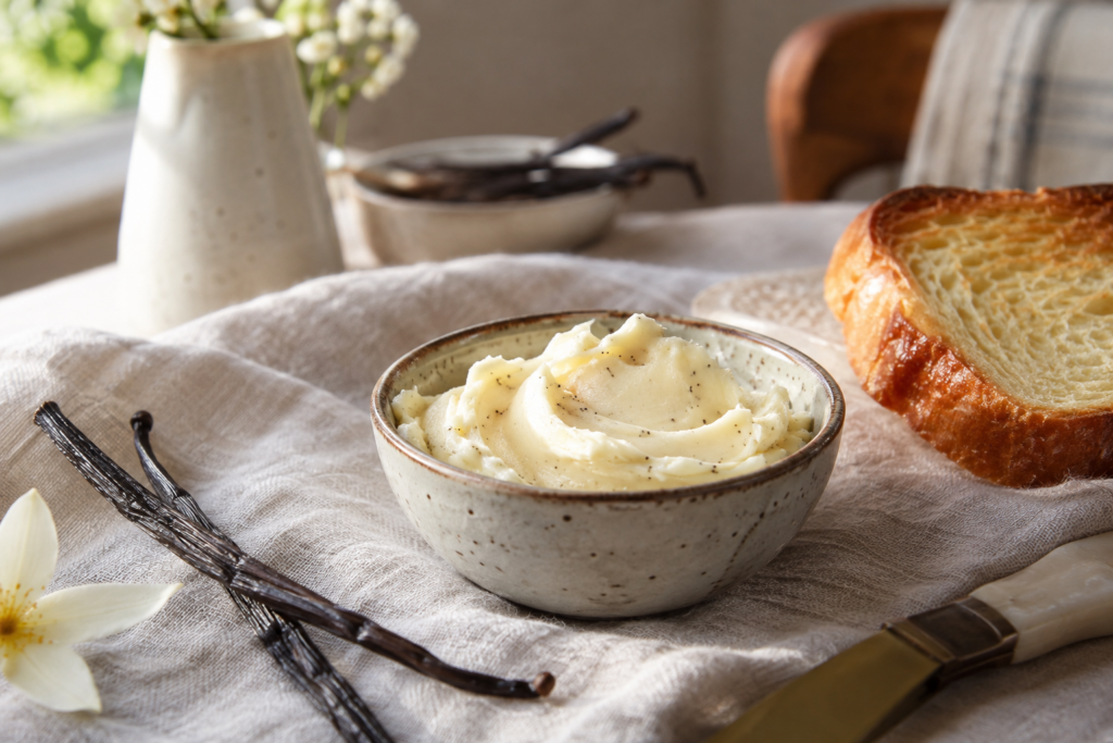 Vanilleboter naast een vanillestokje en geroosterde brioche