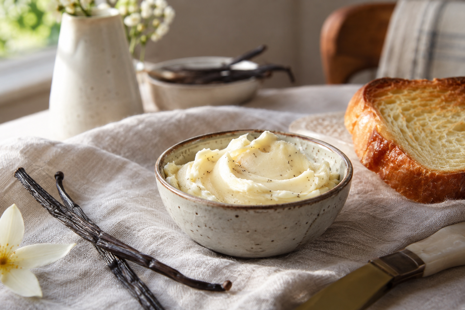 Vanilleboter naast een vanillestokje en geroosterde brioche