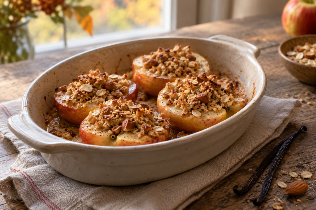 Ovenschaal met gebakken appelhelften en havermouttopping