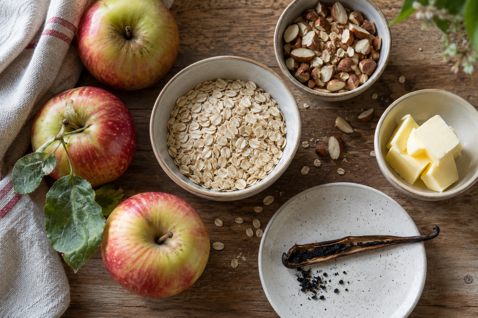Appels, havermout, amandel en een geopend vanillestokje