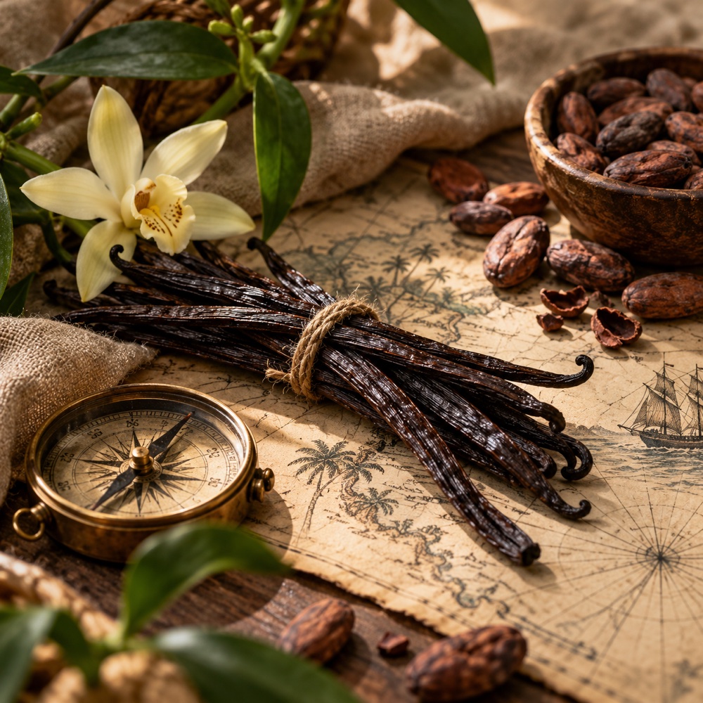 Vanillestokjes op een oude kaart met cacao en een kompas