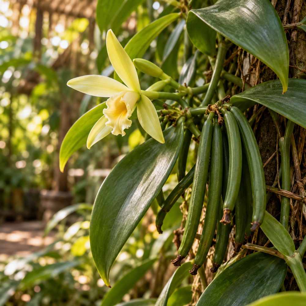 Vanilleorchidee met groene vanillevruchten aan een klimplant
